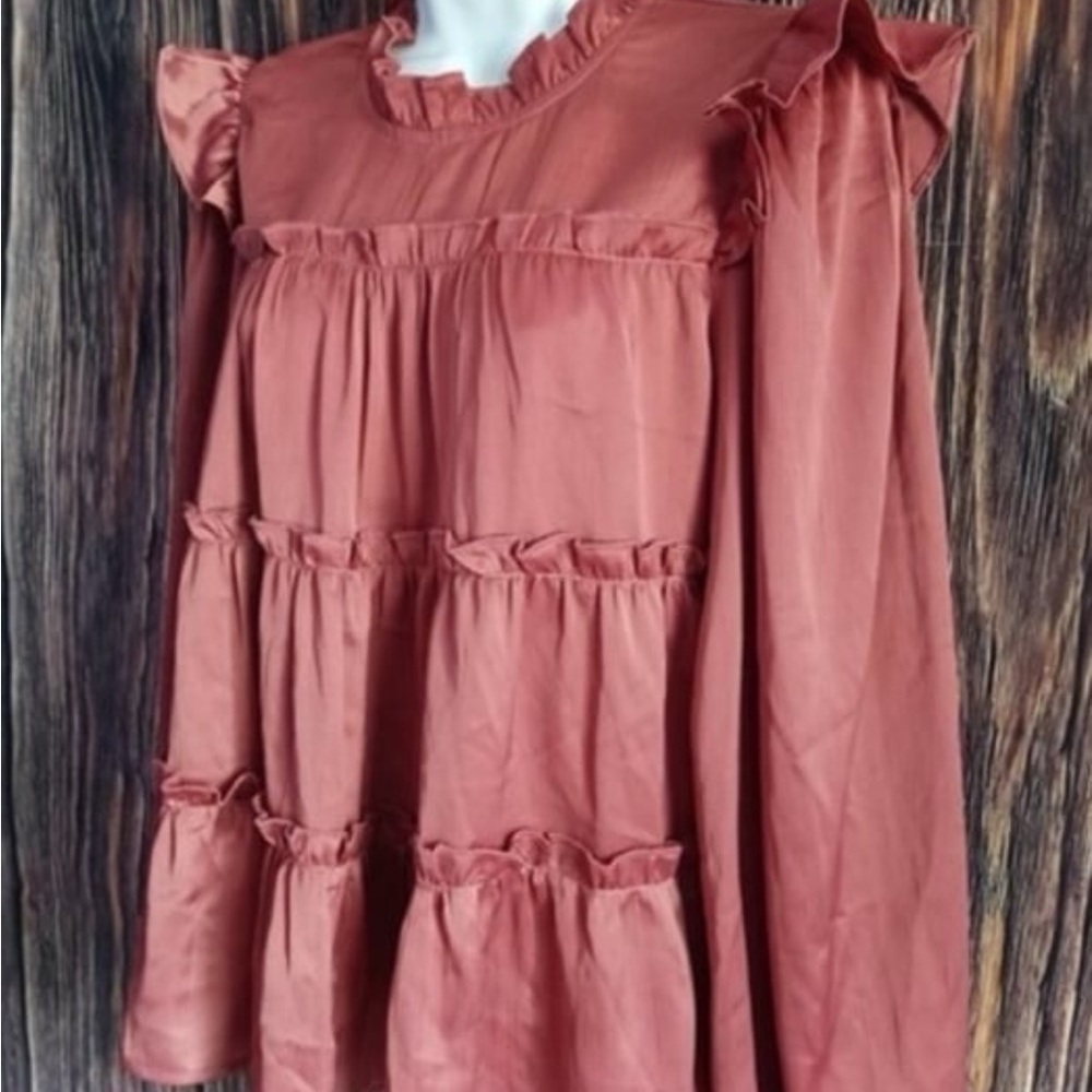 Metallic shiny rose pink Ruffled Long Sleeve Blouse - medium